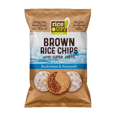 RICEUP POPPED BROWN RICE CHIPS with SUPER SEEDS - AMARANTH & BUCKWHEAT 60g (24 Units Per Carton)