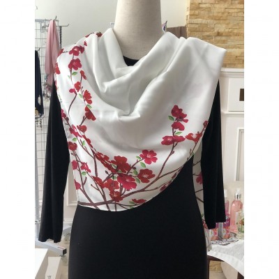 Square Satin Scarf - Red Cherry Blossom With Twilly