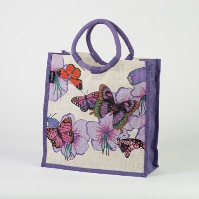 # AB 11 - TOSSA Fashion Jute Bag, butterfly print/purple (300 gm. Per Unit)