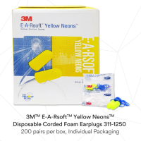 3M 311-1250 E-A-R Soft Yellow Neons Corded Foam Earplugs  NRR 33dB